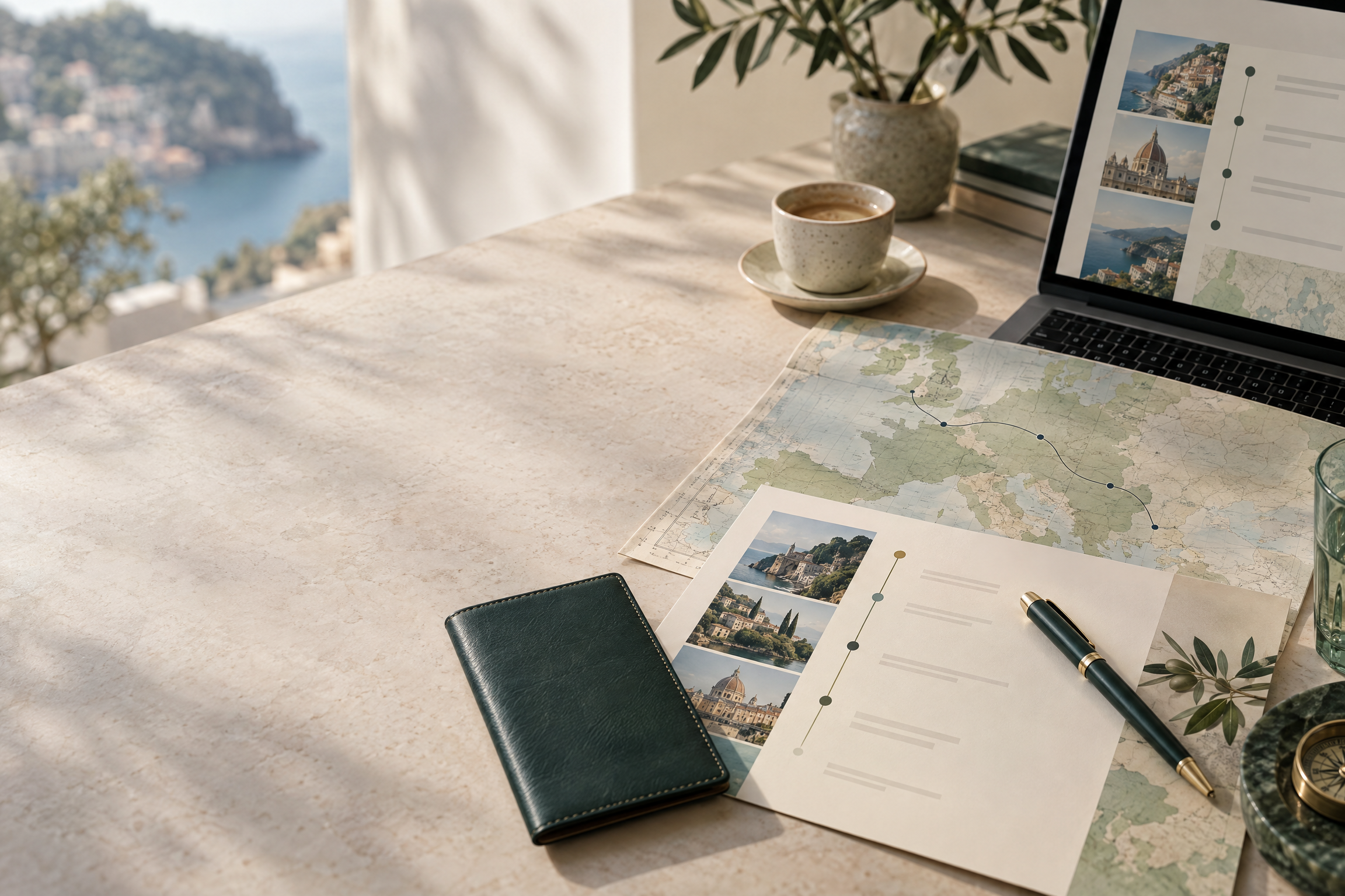 Mesa de planeamento de viagem com mapa, itinerário e acessórios de atendimento